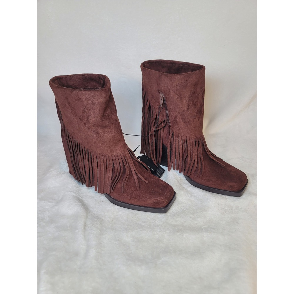 Boho Western Chic Festival Fringe Boots‎ Chocolate Brown Square Toe Cowgirl 8